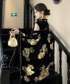 Sparkling Gold-Plated Qipao Evening Dress for Women - High-End Quality, Autumn Winter Style, Modern Chinese Design