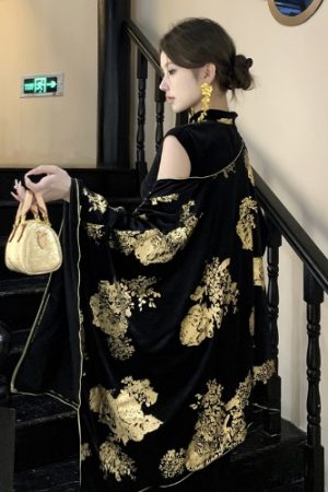 Sparkling Gold-Plated Qipao Evening Dress for Women - High-End Quality, Autumn Winter Style, Modern Chinese Design