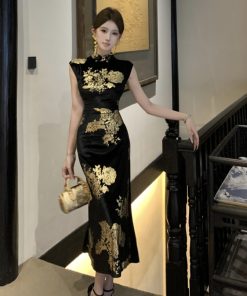 Sparkling Gold-Plated Qipao Evening Dress for Women - High-End Quality, Autumn Winter Style, Modern Chinese Design