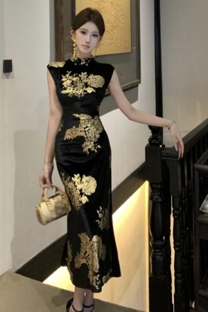 Sparkling Gold-Plated Qipao Evening Dress for Women - High-End Quality, Autumn Winter Style, Modern Chinese Design
