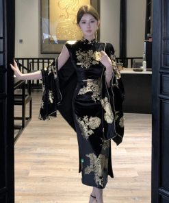 Sparkling Gold-Plated Qipao Evening Dress for Women - High-End Quality, Autumn Winter Style, Modern Chinese Design