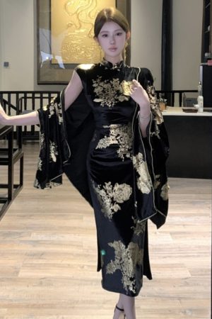 Sparkling Gold-Plated Qipao Evening Dress for Women - High-End Quality, Autumn Winter Style, Modern Chinese Design