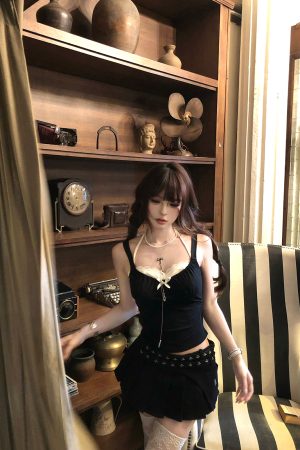 Spicy Girl Backless Camisole Top - Black Slim Fit Two-Piece Summer Style for 90s and Y2K Fashion Lovers