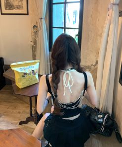 Spicy Girl Backless Camisole Top - Black Slim Fit Two-Piece Summer Style for 90s and Y2K Fashion Lovers