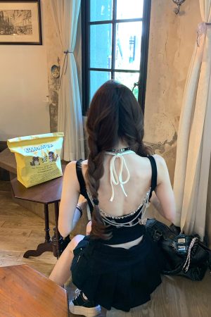 Spicy Girl Backless Camisole Top - Black Slim Fit Two-Piece Summer Style for 90s and Y2K Fashion Lovers