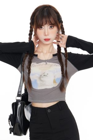 Spicy Girl Cat Print Color-Blocking Cropped T-Shirt with Raglan Long Sleeves for Early Autumn Fashion