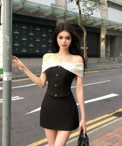 Spicy Girl Design One-Shoulder Polka Dot Slim Fit Short Sleeve Top & Half Skirt Set for Women - Summer Fashion 90s Y2K Style