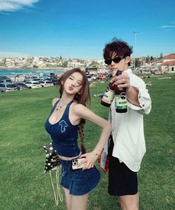 Spicy Girl Halter V-Neck Slim-Fit Denim Vest Top & Skirt Two-Piece Set for Spring Summer Fashion