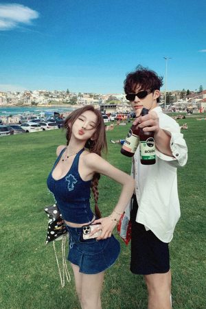 Spicy Girl Halter V-Neck Slim-Fit Denim Vest Top & Skirt Two-Piece Set for Spring Summer Fashion