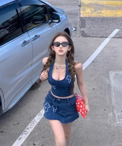 Spicy Girl Halter V-Neck Slim-Fit Denim Vest Top & Skirt Two-Piece Set for Spring Summer Fashion