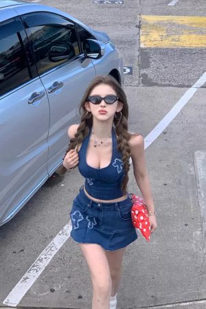 Spicy Girl Halter V-Neck Slim-Fit Denim Vest Top & Skirt Two-Piece Set for Spring Summer Fashion
