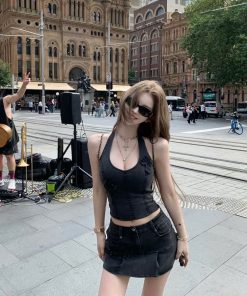 Spicy Girl Halter V-Neck Slim-Fit Denim Vest Top & Skirt Two-Piece Set for Spring Summer Fashion