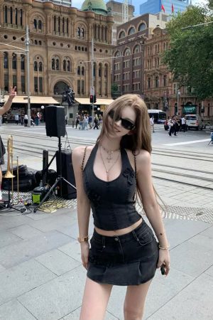 Spicy Girl Halter V-Neck Slim-Fit Denim Vest Top & Skirt Two-Piece Set for Spring Summer Fashion