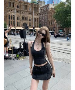 Spicy Girl Halter V-Neck Slim-Fit Denim Vest Top & Skirt Two-Piece Set for Spring Summer Fashion