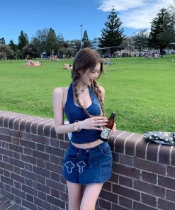 Spicy Girl Halter V-Neck Slim-Fit Denim Vest Top & Skirt Two-Piece Set for Spring Summer Fashion