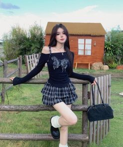 Spicy Girl Off-Shoulder Top and Plaid Skirt Set for Women - Slim Fit Long Sleeve Spring Outfit, Y2K Style