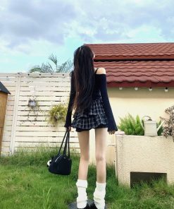 Spicy Girl Off-Shoulder Top and Plaid Skirt Set for Women - Slim Fit Long Sleeve Spring Outfit, Y2K Style