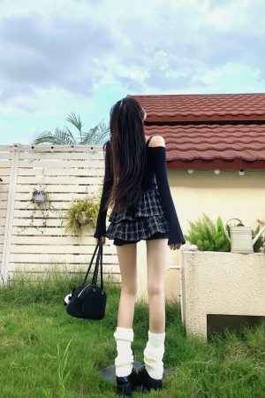 Spicy Girl Off-Shoulder Top and Plaid Skirt Set for Women - Slim Fit Long Sleeve Spring Outfit, Y2K Style