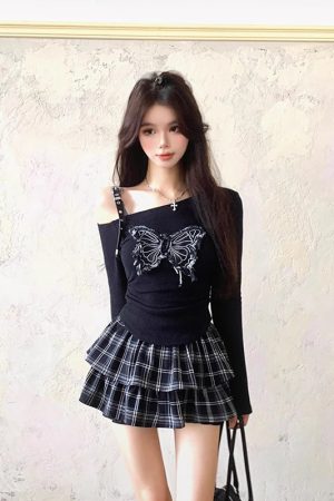 Spicy Girl Off-Shoulder Top and Plaid Skirt Set for Women - Slim Fit Long Sleeve Spring Outfit, Y2K Style