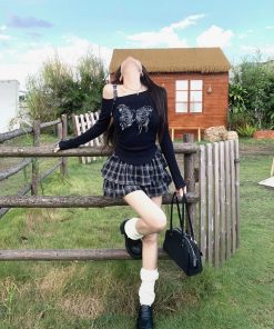 Spicy Girl Off-Shoulder Top and Plaid Skirt Set for Women - Slim Fit Long Sleeve Spring Outfit, Y2K Style