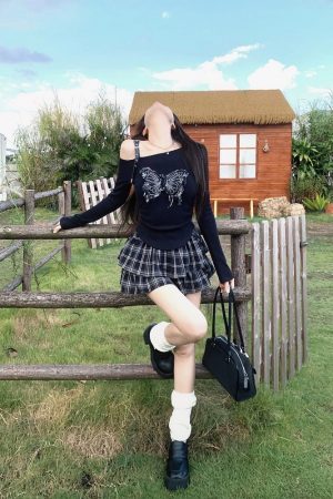 Spicy Girl Off-Shoulder Top and Plaid Skirt Set for Women - Slim Fit Long Sleeve Spring Outfit, Y2K Style