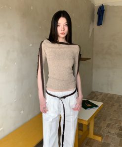 Spicy Girl Off-the-Shoulder T-Shirt with Large Neckline and Split Sleeves - Trendy American Style Fashion Top