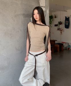 Spicy Girl Off-the-Shoulder T-Shirt with Large Neckline and Split Sleeves - Trendy American Style Fashion Top