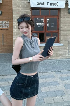 Spicy Girl Polo Collar Knitted Sleeveless Vest - High-End Women's White Summer Top, Trendy Niche Fashion