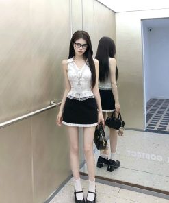 Spicy Girl Sleeveless Lace Trim Top & Half Skirt Two-Piece Set - Women's Summer Versatile Outfit