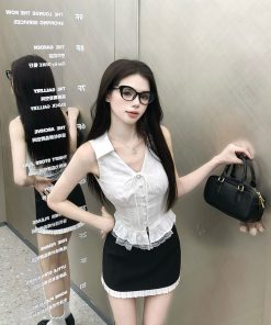 Spicy Girl Sleeveless Lace Trim Top & Half Skirt Two-Piece Set - Women's Summer Versatile Outfit