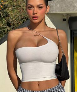 Spicy Girl Solid Color Irregular Camisole Tank Top with Diagonal Hanging Neck - Casual Basic Outerwear