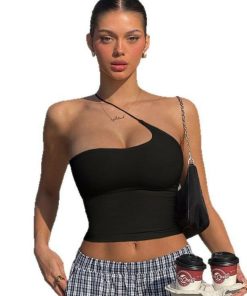 Spicy Girl Solid Color Irregular Camisole Tank Top with Diagonal Hanging Neck - Casual Basic Outerwear