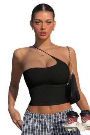Spicy Girl Solid Color Irregular Camisole Tank Top with Diagonal Hanging Neck - Casual Basic Outerwear