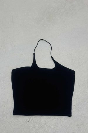 Spicy Girl Solid Color Irregular Camisole Tank Top with Diagonal Hanging Neck - Casual Basic Outerwear