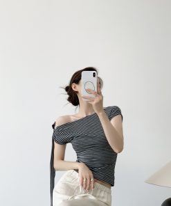 Spicy Girl Style One-Sided Strap Off-Shoulder Short Sleeve T-Shirt for Women, Slim Fit Summer Top, Trendy Casual Wear