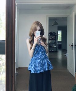 Spicy Girl V-Neck Sleeveless Camisole with Waist-Cinching Design - Summer Plaid Top for a Chic Temperament