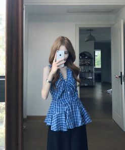 Spicy Girl V-Neck Sleeveless Camisole with Waist-Cinching Design - Summer Plaid Top for a Chic Temperament