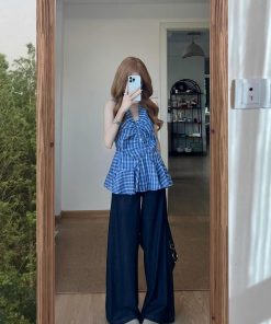 Spicy Girl V-Neck Sleeveless Camisole with Waist-Cinching Design - Summer Plaid Top for a Chic Temperament