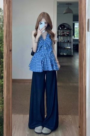 Spicy Girl V-Neck Sleeveless Camisole with Waist-Cinching Design - Summer Plaid Top for a Chic Temperament