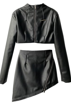 Spicy Girl's Stand-Up Collar Leather Jacket and High-Waisted Skirt Set - Trendy 90s Inspired Fashion Ensemble
