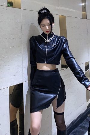 Spicy Girl's Stand-Up Collar Leather Jacket and High-Waisted Skirt Set - Trendy 90s Inspired Fashion Ensemble