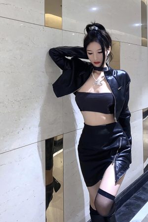 Spicy Girl's Stand-Up Collar Leather Jacket and High-Waisted Skirt Set - Trendy 90s Inspired Fashion Ensemble