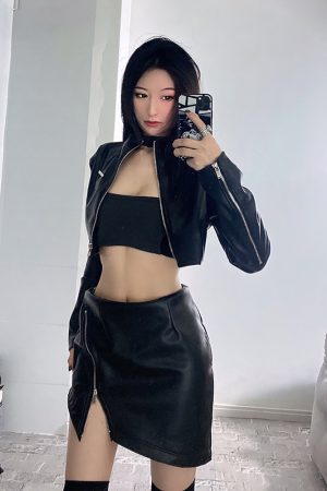 Spicy Girl's Stand-Up Collar Leather Jacket and High-Waisted Skirt Set - Trendy 90s Inspired Fashion Ensemble