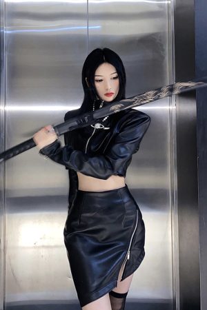 Spicy Girl's Stand-Up Collar Leather Jacket and High-Waisted Skirt Set - Trendy 90s Inspired Fashion Ensemble