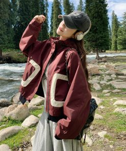 Spliced Ankara Red Hooded Windbreaker Jacket for Women, Thick Quilted Short Style for Spring and Autumn 2025, Korean Fashion