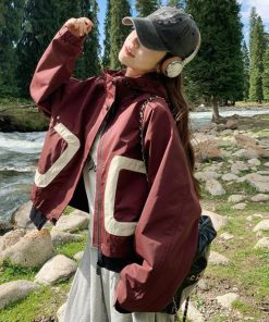 Spliced Ankara Red Hooded Windbreaker Jacket for Women, Thick Quilted Short Style for Spring and Autumn 2025, Korean Fashion