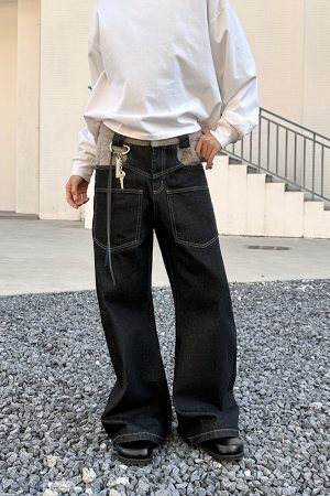Spliced Arc Silhouette Denim Pants for Men & Women - Trendy High Street Design-Driven Curved Blade Style