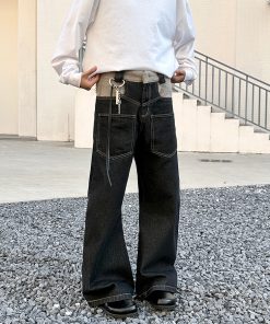 Spliced Arc Silhouette Denim Pants for Men & Women - Trendy High Street Design-Driven Curved Blade Style