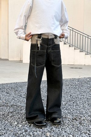 Spliced Arc Silhouette Denim Pants for Men & Women - Trendy High Street Design-Driven Curved Blade Style