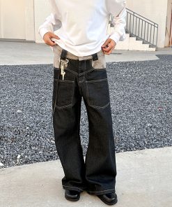 Spliced Arc Silhouette Denim Pants for Men & Women - Trendy High Street Design-Driven Curved Blade Style